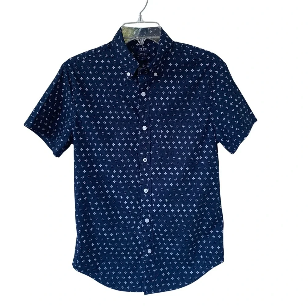 J. CREW. Blue short‎ sleeve shirt w/ anchor print all over. Size S. Flex …
